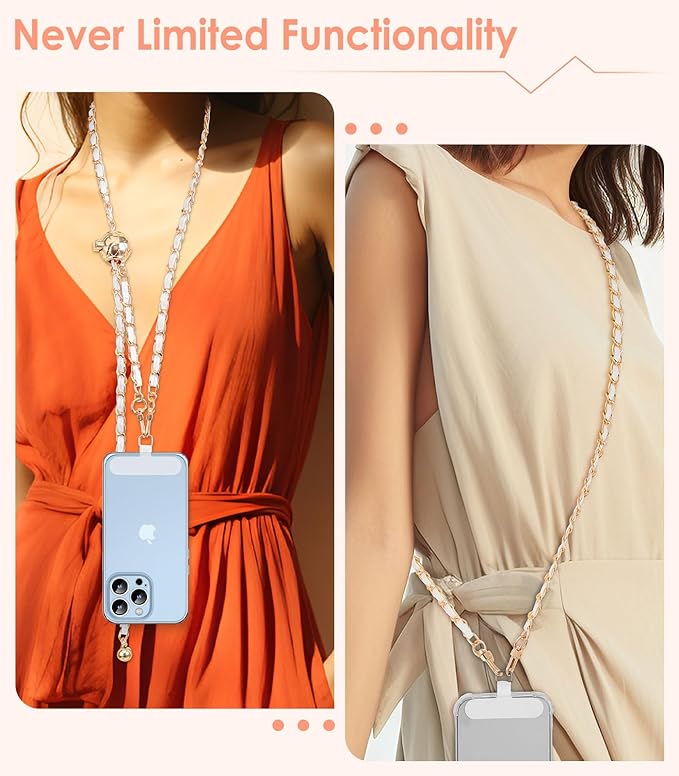 MoKo Universal Phone Lanyard, Adjustable Metal Cell Phone Chain Crossbody Strap Anti-Theft Detachable Women Cellphone Lanyards Around the Neck with Patches for iPhone, Most Smartphones, White