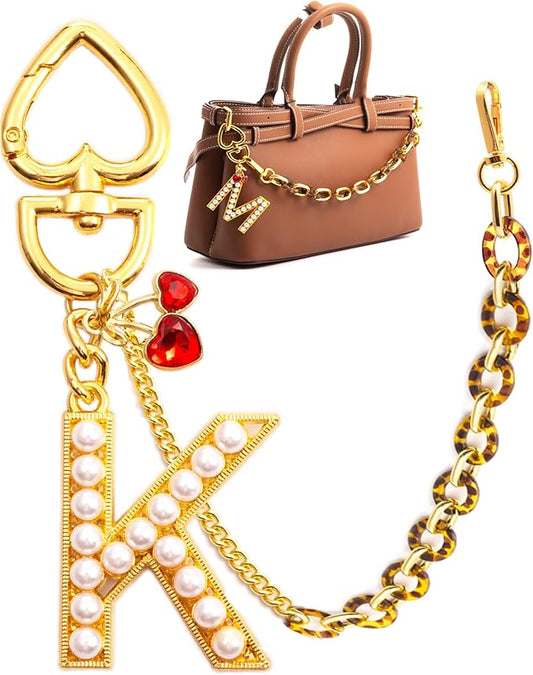 Pearl Initial Keychain with Leopard Bag Charms Wallet Chain Women Cute Alphabet Keychains Charm for Purse Handbag