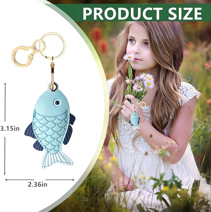Leather Keychain Holder Case Compatible with AirTag,Cute Protective Cover with Keyring,Anti-Scratch Finder GPS Tracker Case for Wallet Keys,Bag,Pets(Fish Ching)