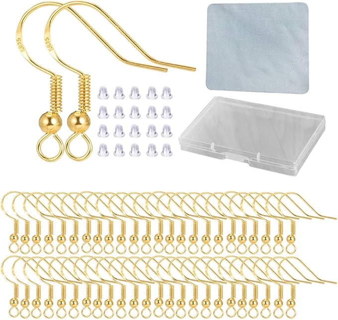 Hypoallergenic Gold Earring Hooks - 120 pcs/60 Pairs 18k Gold Nickel Free Ear Wires Fish Hooks for Jewelry Making, Jewelry findings Parts with 120 pcs Rubber Earring Backs Stopper for DIY Earrings