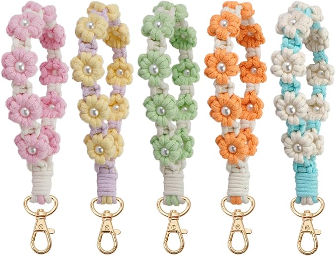 Macrame Keychain Handmade Wristlet Keychain Wrist Lanyard for Keys Cute flower keychain Key Chain for Women