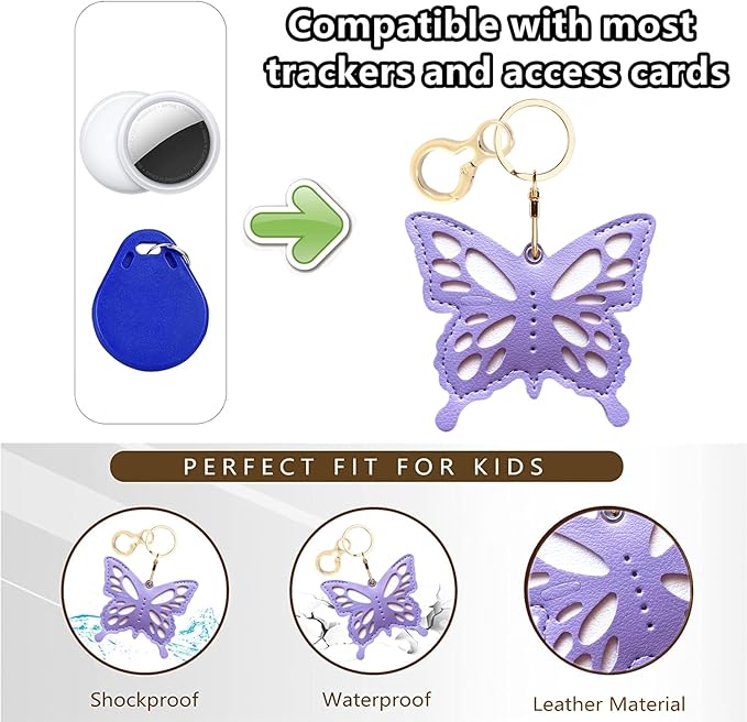 Leather Keychain Holder Case Compatible with AirTag,Cute Protective Apple Air Tag Cover with Keychain Ring,Anti-Scratch Finder GPS Tracker Case for Wallet Keys,Bag,Pets(Purple Butterfly)