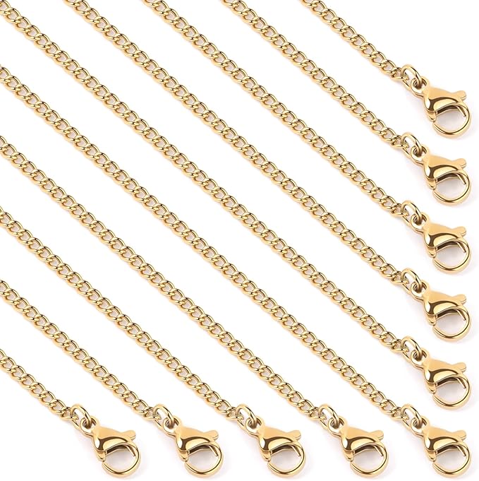 Cadikez 24PCS Gold Curb Chain Necklace Bulk, 1.5mm 18inch 18K Gold PVD Plated Stainless Steel Finished Flat Twisted Link Chains for Necklace Jewelry Making