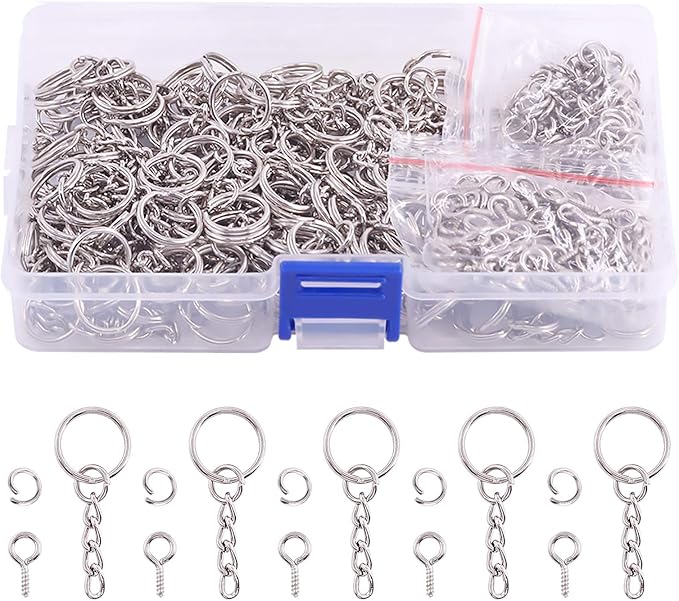Swpeet 450Pcs 3/5" 15mm Sliver Key Chain Rings Kit, Including 150Pcs Keychain Rings with Chain and 150Pcs Jump Ring with 150Pcs Screw Eye Pins Bulk for Jewelry Findings Making (15mm, Sliver)