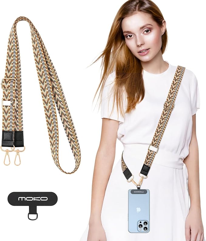 MoKo Universal Phone Lanyard, Braided Adjustable Cell Phone Crossbody Strap Detachable Women & Men Cellphone Lanyards Around The Neck with Patches for iPhone, Most Smartphones, Khaki