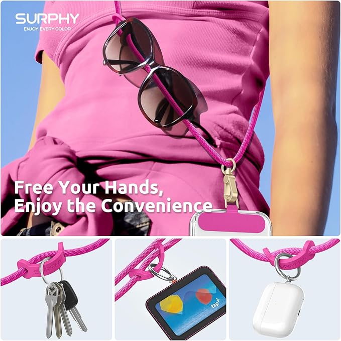SURPHY Phone Lanyard Crossbody, Adjustable Cell Phone Lanyard with 2 Pack Phone Tether Tab, Two-Color Braided Phone Strap (Hot Pink)