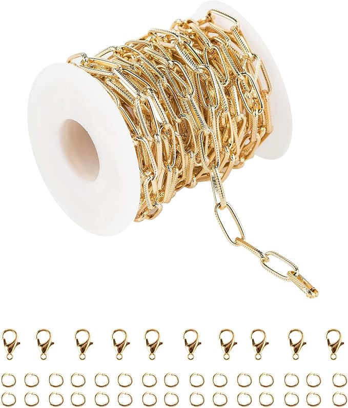 16.4 Feet Aluminum Oval Light Gold Chains for Jewelry Making Unwelded Textured Paperclip Link Cable Chain Roll Necklace Chains Bulk with Lobster Clasps and Jump Rings
