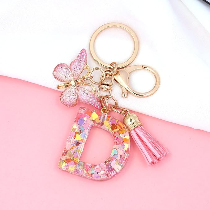 Fashion Alphabet Initial Letter Keychain Tassel Butterfly Pendant Key Ring for Purse Handbags Women Girl