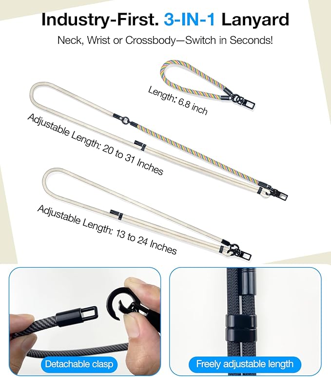 Phone Lanyard Crossbody, 3-in-1 Neck Strap& Wrist Strap, Adjustable Anti-Theft Lanyard with 2 Phone Tether Tabs, Universal Cell Phone Strap for All Case,Travel Essential,Beige