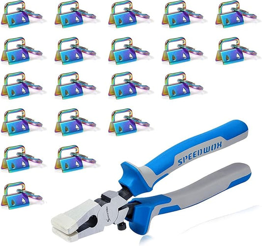 SPEEDWOX 20Pcs 0.8" Rainbow Key Fob Hardware with Key Fob Pliers Set, 8" Glass Breaking Pliers with Rubber Tips, Flat Jaws, Hardware with Key Ring for Wristlet Keychain Hardware