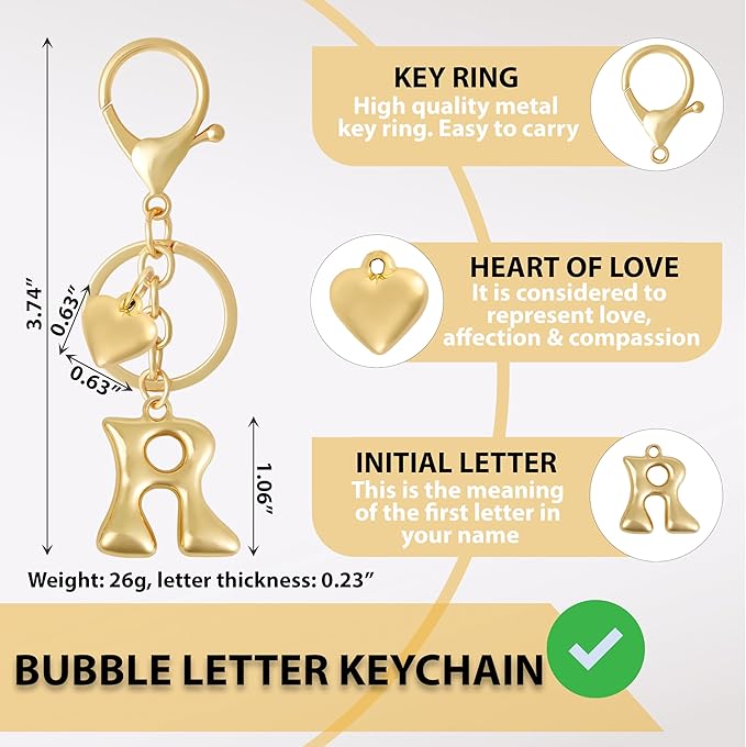 Heart Bubble Letter Keychain for Women, Girls - Cute Keychain with Initial - Alphabet Keychain for Bag Charm, Handbag