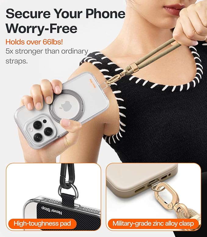 TORRAS Phone Lanyard Crossbody with 2 Phone Tabs, Adjustable Anti Theft Phone Strap for iPhone 17 Pro Max, Premium Metal Buckles, Universal Cell Phone Neck lanyard for Women and Men, Khaki