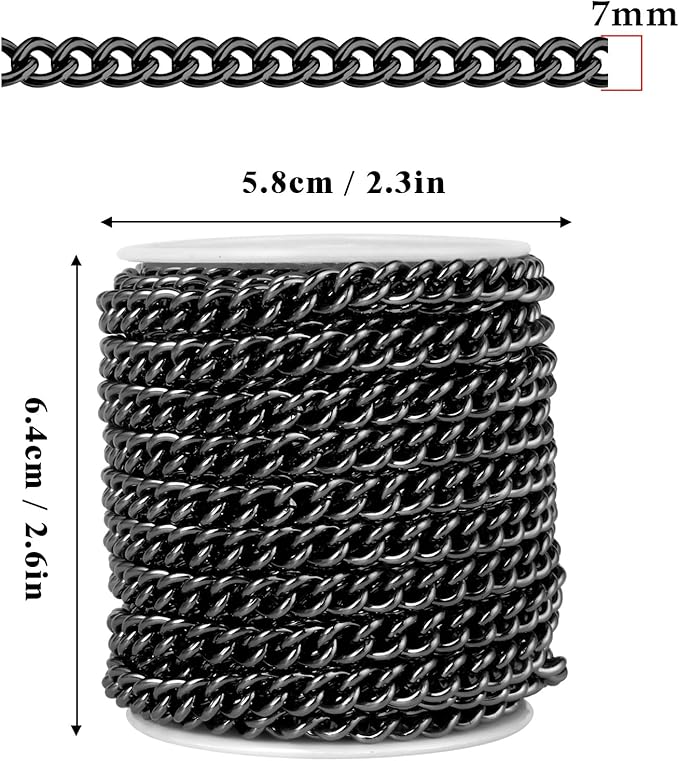 16.5FT Gunmetal Stainless Steel Curb Chains Roll, 7mm 304 Stainless Steel Black Flat Twisted Links Curb Chains Bulk Spool for Jewelry Making DIY Craft