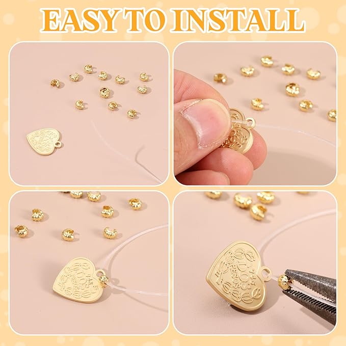 uxcell 100 Pcs Crimp Bead Covers, 4mm/0.16" Half Round Open Crimp Beads Knot Cover, Small Loose Beads End Tip Caps for Bracelet Jewelry Making Craft DIY, Gold