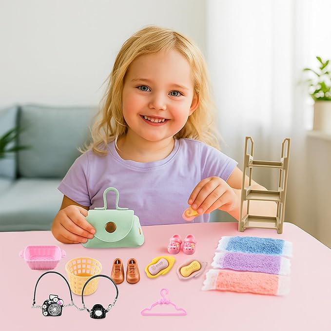 93 PCS Miniature Dollhouse Accessories Dollhouse Bathroom and Makeup Set with Towel Toothbrush Shampoo Toiletries Mini Perfume Shoes Backpack for Girl Micro Scene