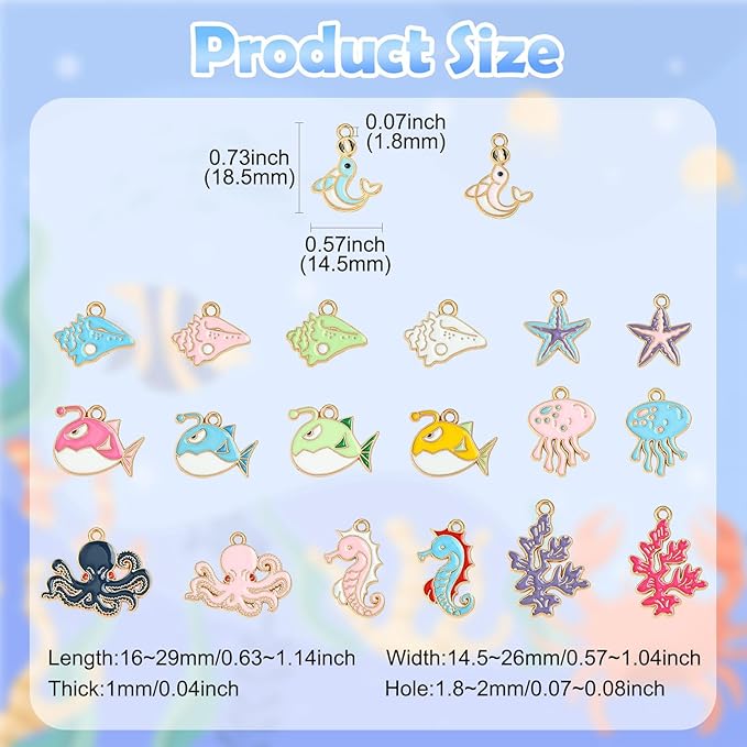Stiesy 100 Pcs 20 Styles Sea Animal Enamel Metal Charm Pendant Starfish Shell Fish Sea Horse Ocean Animals Alloy Charms Bulk for Jewelry Making DIY Bracelet Earring Necklace Crafting