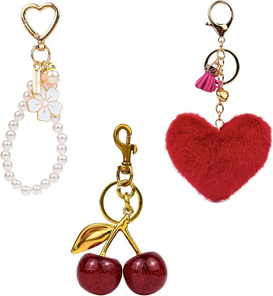 3Pcs Cherry Bag Charm Keychain Set 2025 – Faux Pearl Heart Puffball Pom Pom Purse Accessories Gift for Women Girls