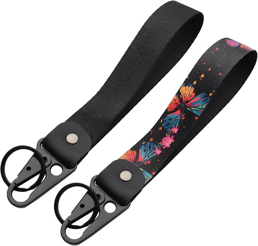 2 Pcs Classic Black & Floral Keychain Wristlet Lanyard for Women couples, Flower Wristlet Strap for Keys Hands-Free Wearable
