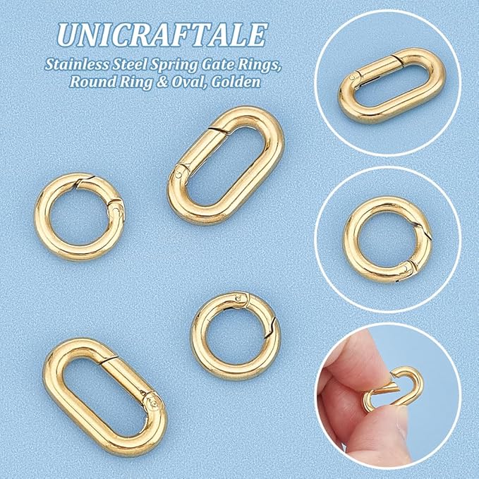UNICRAFTALE 4Pcs 2 Styles Ion Plating(IP) 304 Stainless Steel Spring Gate Rings & Oval Golden Metal Clasps for Jewelry Making