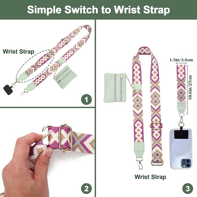 XANGNIER Clip and Go Strap for Phone with Wallet Crossbody, Phone Strap with Zippered Wallet, Adjustable Anti Theft Cellphone Lanyard for Women, Cellphone Chain Accessories Green