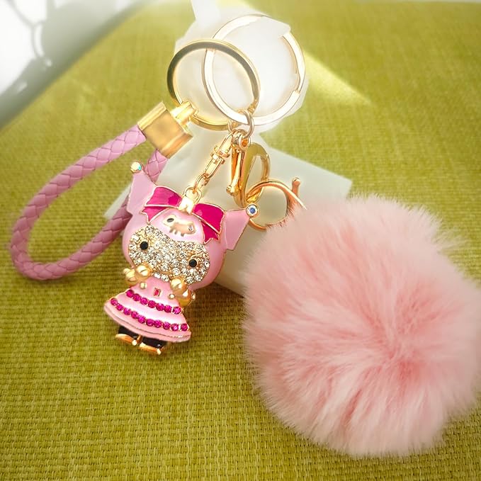 Cute Keychain for Women with Braided Rope, PomPom and Sparkling Rhinestones - Kawaii Charm for Kinds of Bags