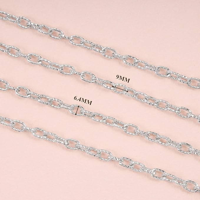BORUINIE Silver Bulk Chain for Jewelry Making 33 Feet Aluminum Textured Oval Rolo Chains Spool for Crafts Bracelet Necklace Jewelry Making