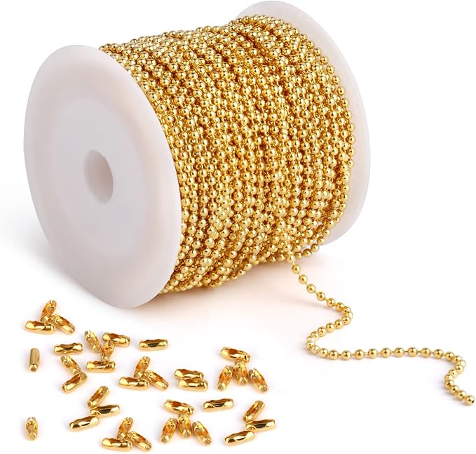 Gold Ball Bead Chain [1.5mm/50Feet] 18K Gold Plated Stainless Steel Ball Chains Spool with 30 PCS Connectors for Jewelry Making, Necklace, Key Chain, Dog Tag Chain DIY Craft