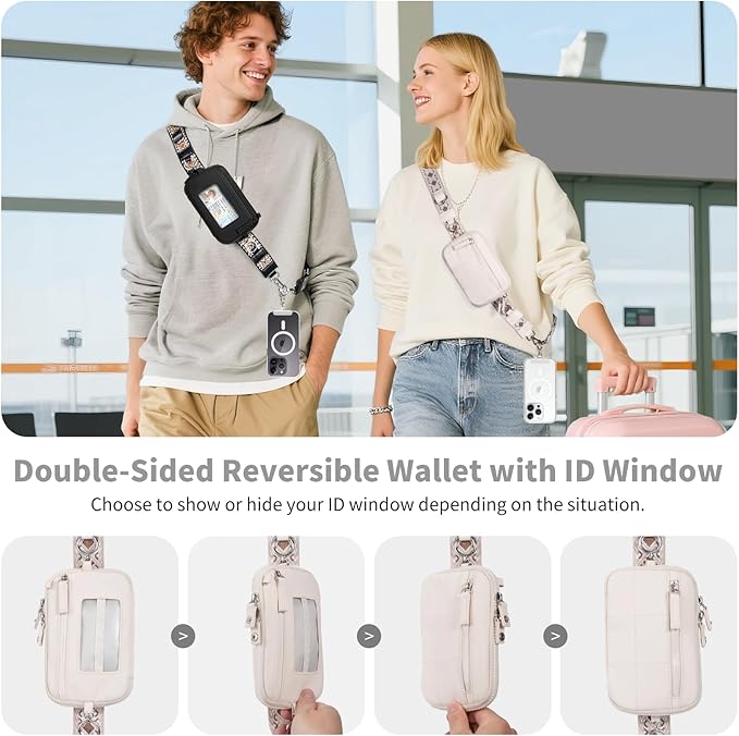 Clip and Go Strap for Phone with Wallet Crossbody Phone Lanyard with Anti-Theft Zipper Pouch Detachable Quilted Wrist Wallet with RFID and ID Window for Daily Travel.