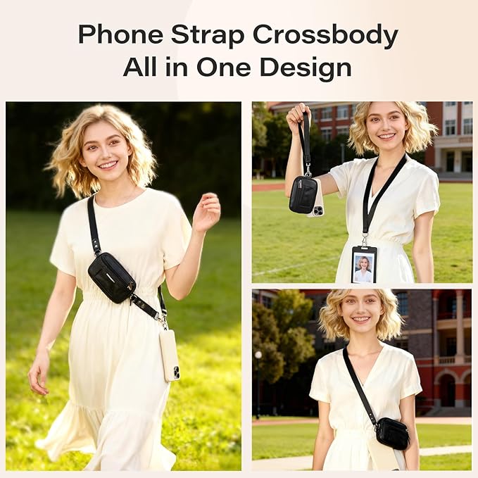 Phone Lanyard Crossbody with Wallet，Detachable Phone Strap Wristlet with ID Window and Zipper，Adjustable Strap for All Phone