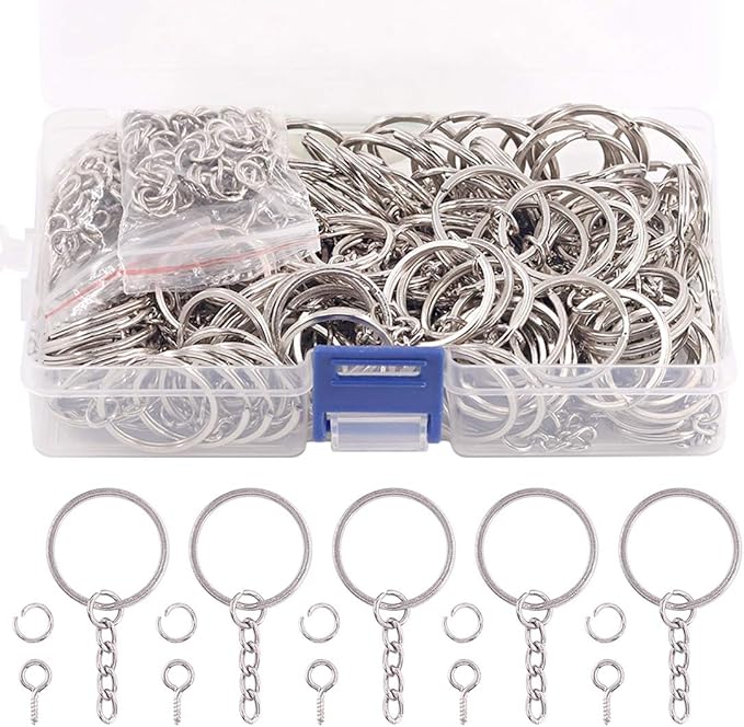 Swpeet 450Pcs 4/5 Inch 20mm Sliver Flat Key Chain Rings Kit, Including 150Pcs Split Keychain Rings with Chain and 150Pcs Jump Ring with 150Pcs Screw Eye Pins Bulk for Jewelry Findings Making