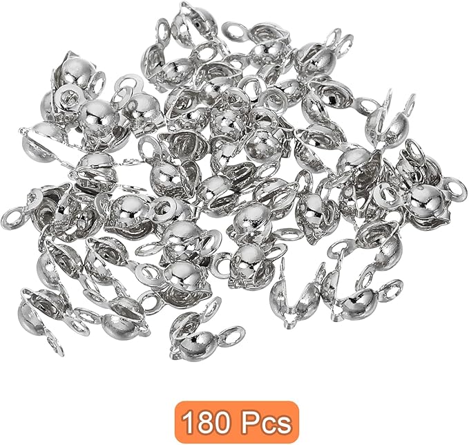 uxcell 180 Pcs 3.2mm Crimp End Caps, Clamshell Cord End Cap Connector Clasp Bead Tips Knot Covers Calotte End Crimp for DIY Jewelry Making, White Gold