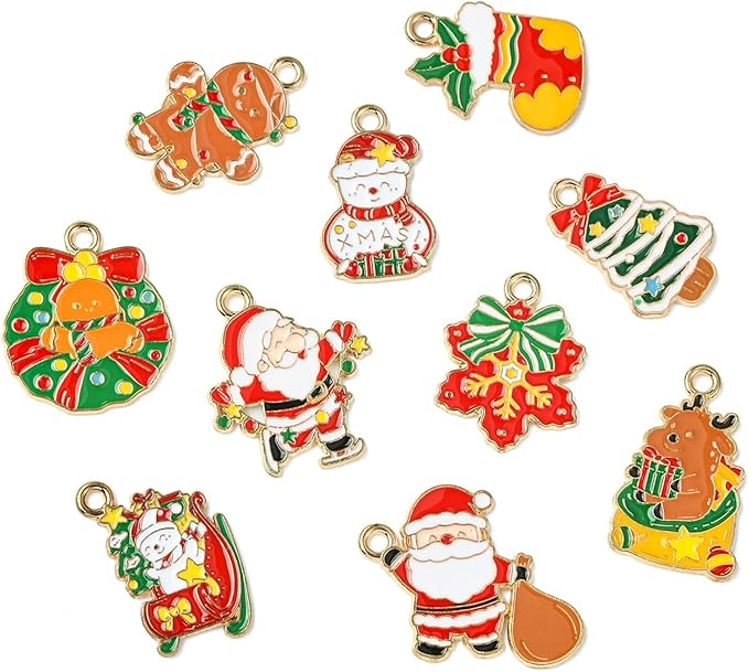 Stiesy 40 Pcs 10 Styles Christmas Theme Enamel Pendants Golden Plated Santa Claus Christmas Wreath Snowman Shape Dangle Charms Bulk for DIY Jewelry Making Necklace Bracelet Craft