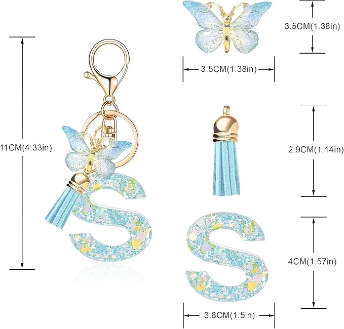 Fashion Alphabet Initial Letter Keychain Tassel Butterfly Pendant Key Ring for Purse Handbags Women Girl