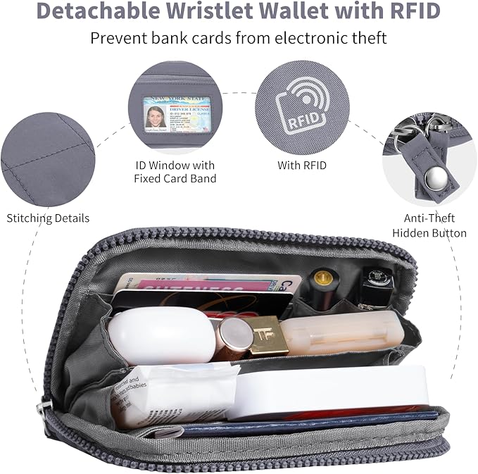 Clip and Go Strap for Phone with Wallet Crossbody Phone Lanyard with Anti-Theft Zipper Pouch Detachable Quilted Wrist Wallet with RFID and ID Window for Daily Travel. Grey