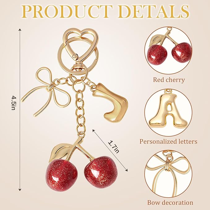 Snycler Bubble Initial Keychain with Cherry & Bow - Gold Letter Bag Charms for Women, Cute Purse Handbag Accessories