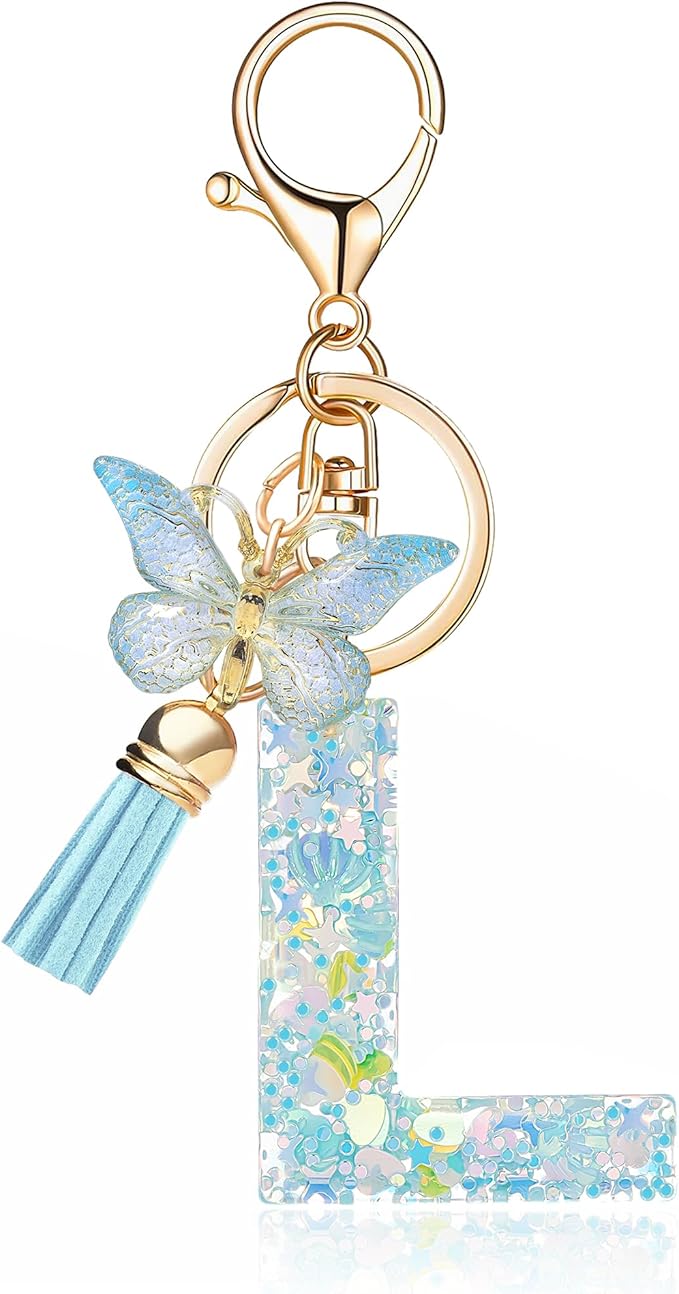 Fashion Alphabet Initial Letter Keychain Tassel Butterfly Pendant Key Ring for Purse Handbags Women Girl