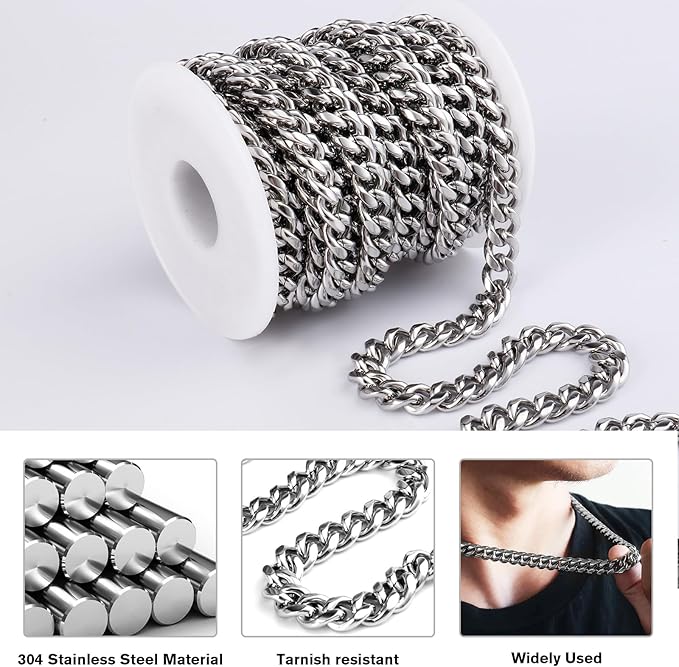 16.5 Feet Stainless Steel Cuban Chains Roll, 9mm Width Miami Curb Link Chains Spool Bulk for Jewelry Meking & DIY Craft