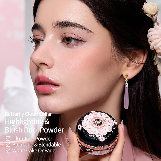 Flower Knows Butterfly Cloud Collar Rouge Box Blush & Contour Duo Powder,Brown+Nude Two Tone Matte Blush for Cheeks Bulidable & Blendable Palette for Women & Girls,0.21 Oz(05 Pearwood)