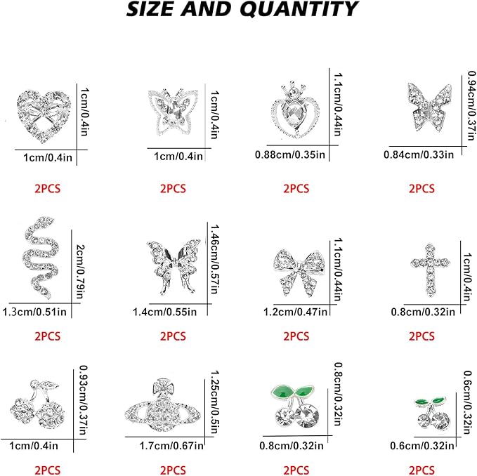 24PCS Nail Charms Y2k Alloy Nail Art Rhinestone Charms 3D Heart Bow Butterfly Charm with Rhinestones Cherry Nail Gems Shiny Jewelry Nail Decorations Accessories Supplies (SS)
