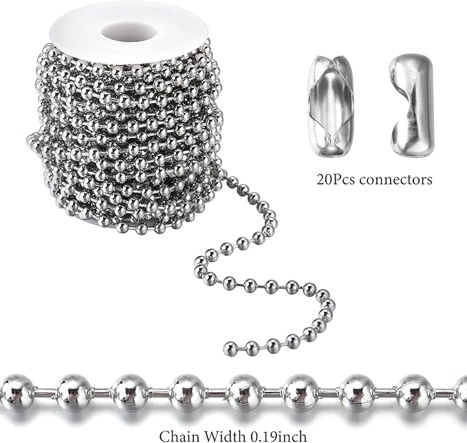 Topacket 33Feet Ball Bead Chain Stainless Steel Dog Tag Chain with Matching Connectors for Jewelry Making Necklace Hanging Bracelets Keychain(5.0mm)