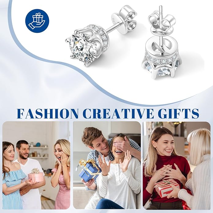 Moissanite Stud Earrings 1.2ct-2.4 ct DF Color Grade Round Cut Lab-Grown Moissanite Earrings 18K White Gold Plated Sterling Silver Friction Back for Women Men