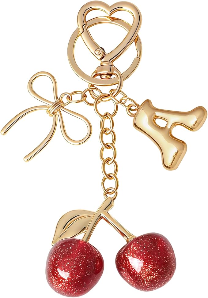 Snycler Bubble Initial Keychain with Cherry & Bow - Gold Letter Bag Charms for Women, Cute Purse Handbag Accessories