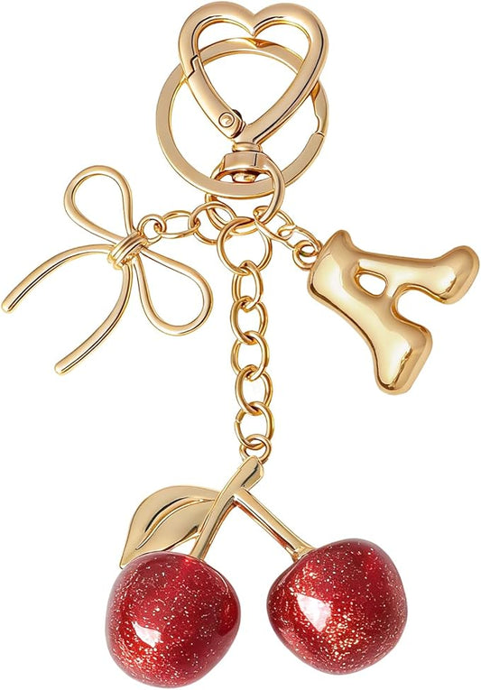 Snycler Bubble Initial Keychain with Cherry & Bow - Gold Letter Bag Charms for Women, Cute Purse Handbag Accessories