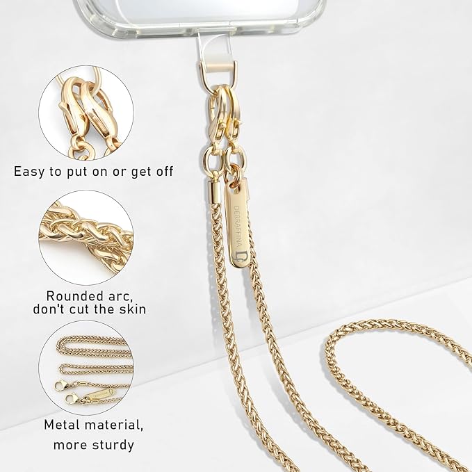 Metal Phone Chain, Crossbody Detachable Phone Lanyard with 2* Tether Tabs for iPhone and Smartphones (Gold,Long)