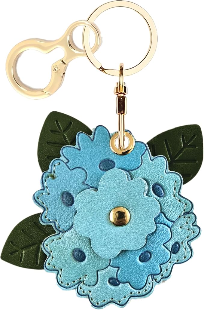 Leather Keychain Holder Case Compatible with AirTag,Cute Protective Apple Air Tag Cover with Keychain Ring,Anti-Scratch Finder GPS Tracker Case for Wallet Keys,Bag,Pets(Blue Hydrangea)