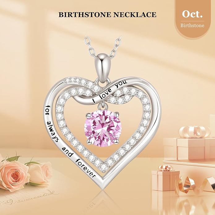 G&GEMSJEW Infinity Heart Birthstone Necklaces for Women, 925 Sterling Silver Jewelry, Pendant Heart Necklaces Birthday Anniversary Christmas Gift for Women Wife Mom Girlfriend Lady
