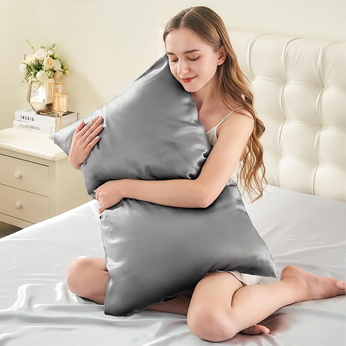 INFIIXSO Silk Pillow Cases 2 Pack Standard Size, Ultra Smooth & Soft Mulberry Silk Pillow Case for Hair and Skin, Breathable Cooling Silk Pillowcase with Hidden Zipper (Dark Grey, 20x26 Inches)