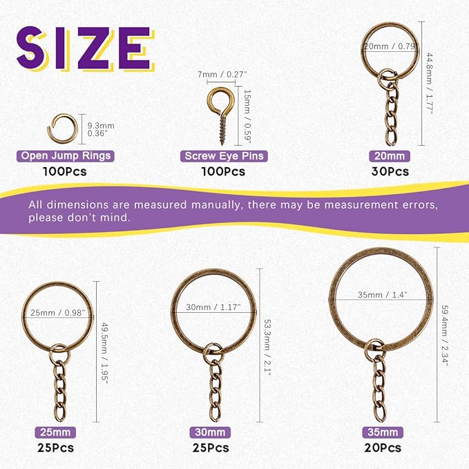 Swpeet 300Pcs Bronze Flat Key Chain Rings Kit, 100Pcs Keychain Rings with Chain and 100Pcs Jump Ring with 100Pcs Screw Eye Pins Bulk for Jewelry Findings Making - 4/5 Inch, 1 Inch, 6/5 Inch, 7/5 Inch