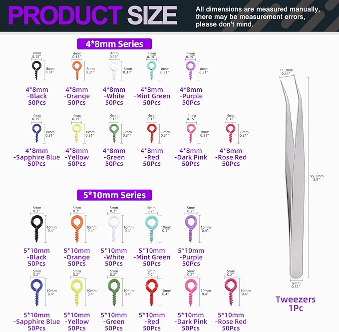 Swpeet 1101Pcs 11 Colors 2 Sizes 4×8mm 5×10mm Small Screw Eye with Tweezers Assortment Kit, Eye Pins Hooks Eyelets Screw Clasps Hooks Eye Screws for Jewelry Making DIY Jewelry Making Supplies