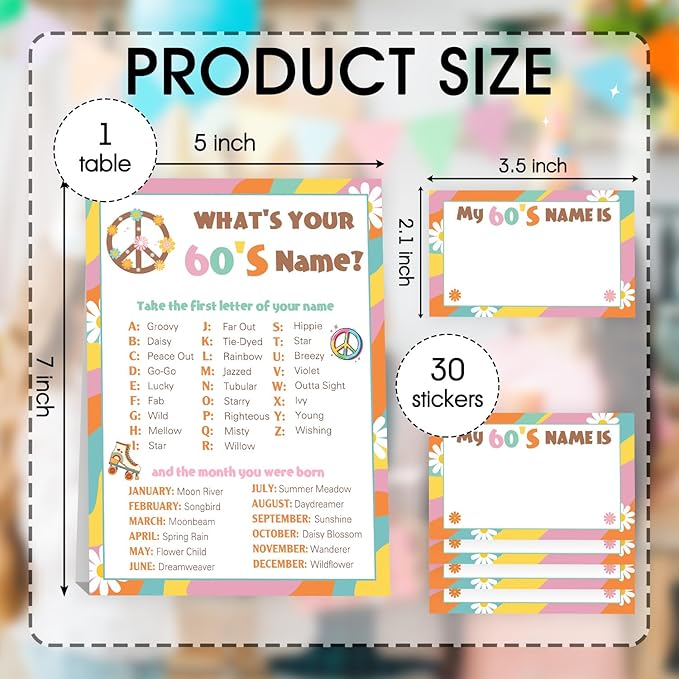 What's Your 1960's Name Game Set, 1 Double Sided Sign and 30 Name Stickers, Groovy Birthday Party Games, Perfect for Hippie & 60's Themed Party Decorations and Activities for Kids and Adults